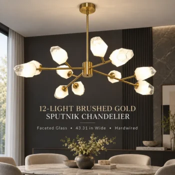 12-Light Brushed Gold Sputnik Chandelier with Faceted Glass Shades: brushed Gold Sputnik Chandelier Product View