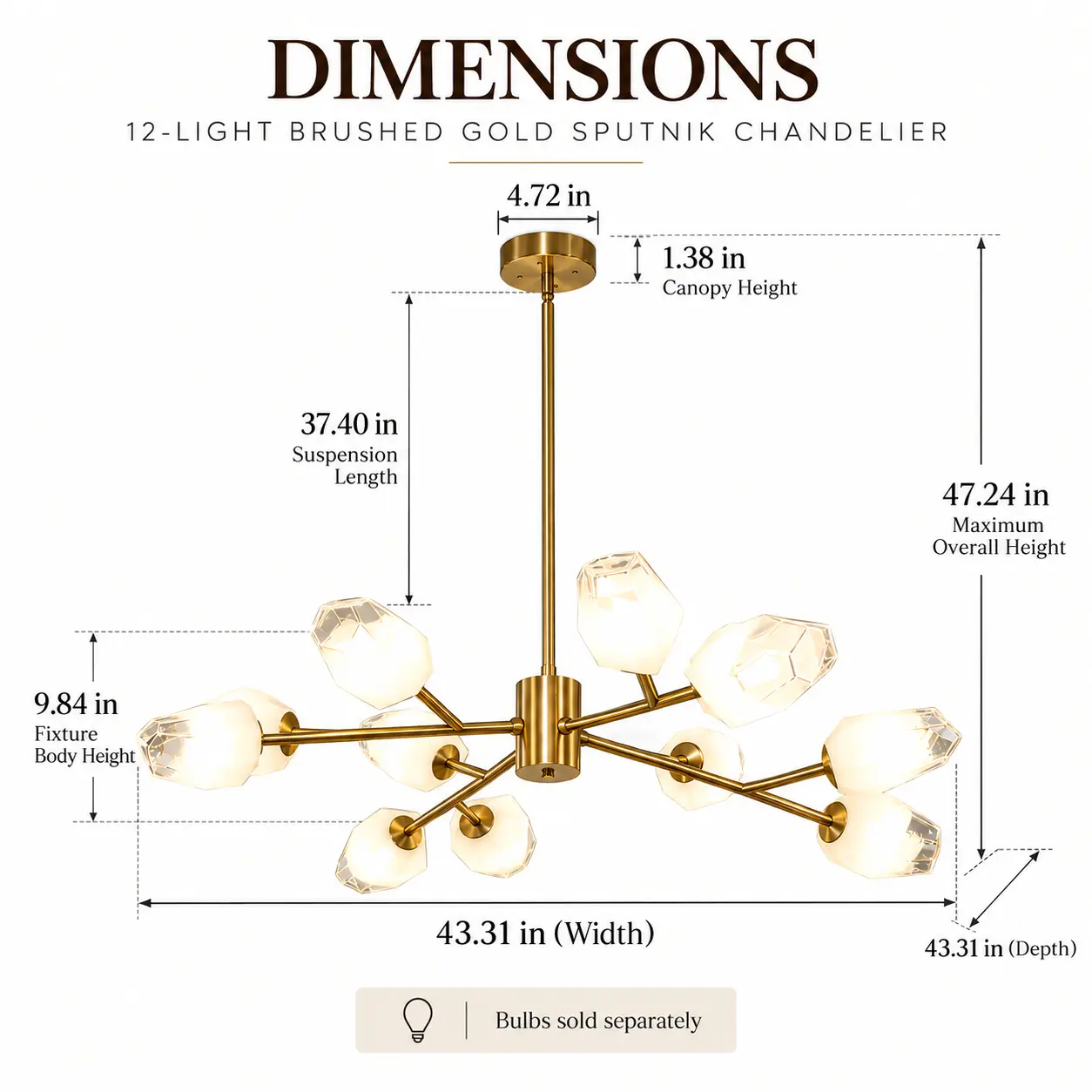 12-Light Brushed Gold Sputnik Chandelier with Faceted Glass Shades: adjustable Hanging Length