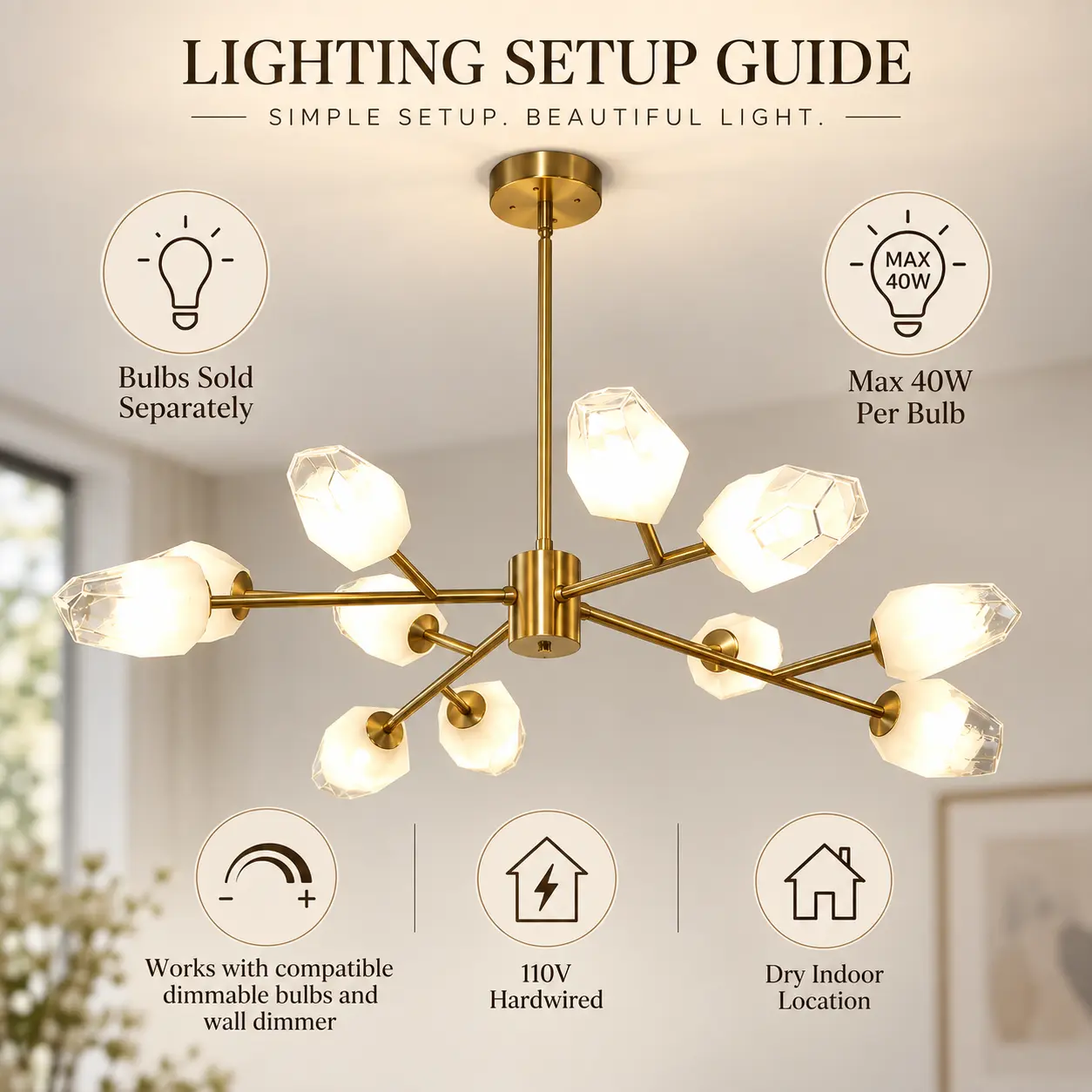 12-Light Brushed Gold Sputnik Chandelier with Faceted Glass Shades: ice-Inspired Faceted Glass