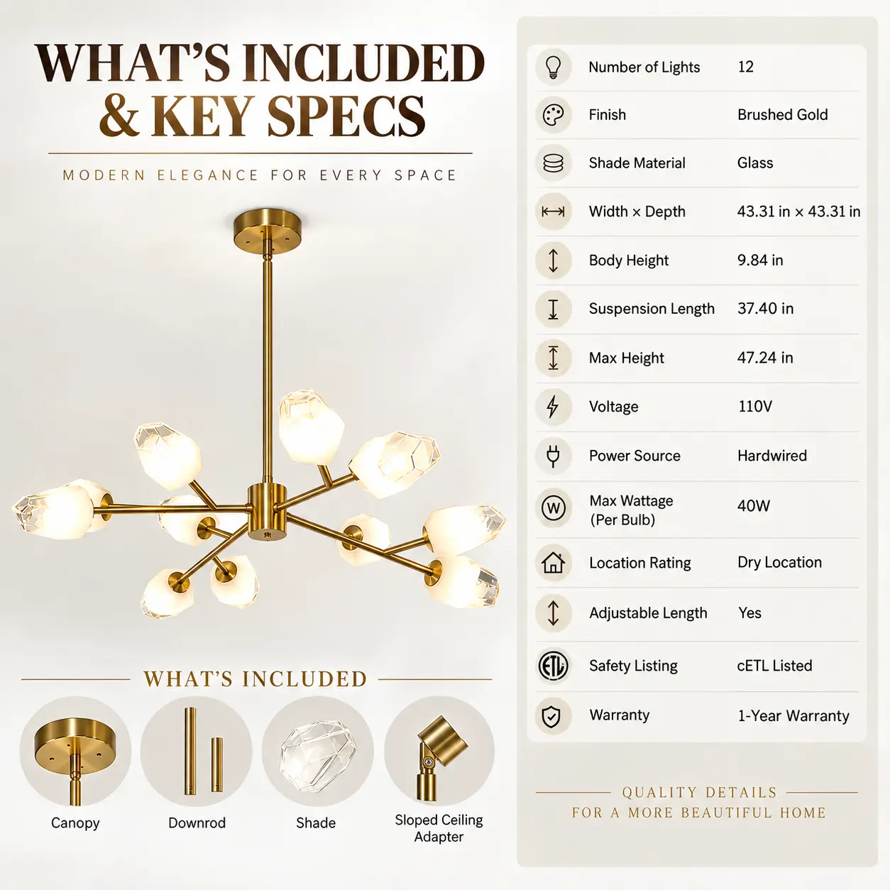 12-Light Brushed Gold Sputnik Chandelier with Faceted Glass Shades: included Items and Specifications