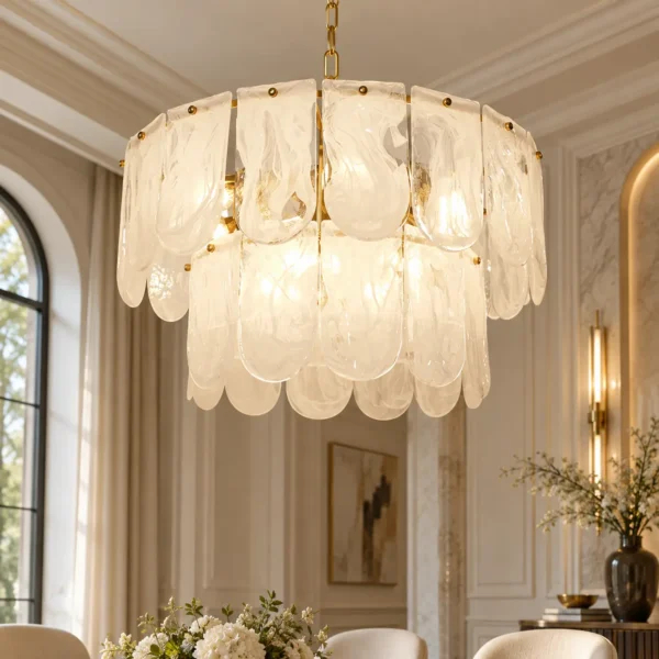 9-Light 2-Tier Water Ripple Cloud Glass Chandelier with Gold Chain