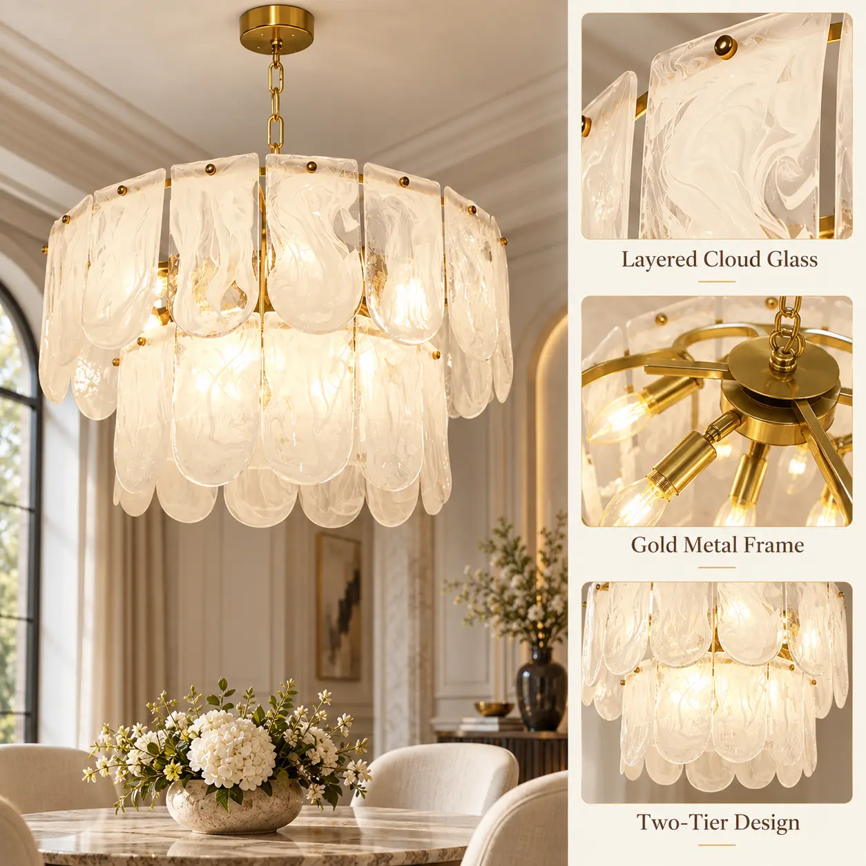 9-Light 2-Tier Water Ripple Cloud Glass Chandelier with Gold Chain: layered Cloud Glass Details