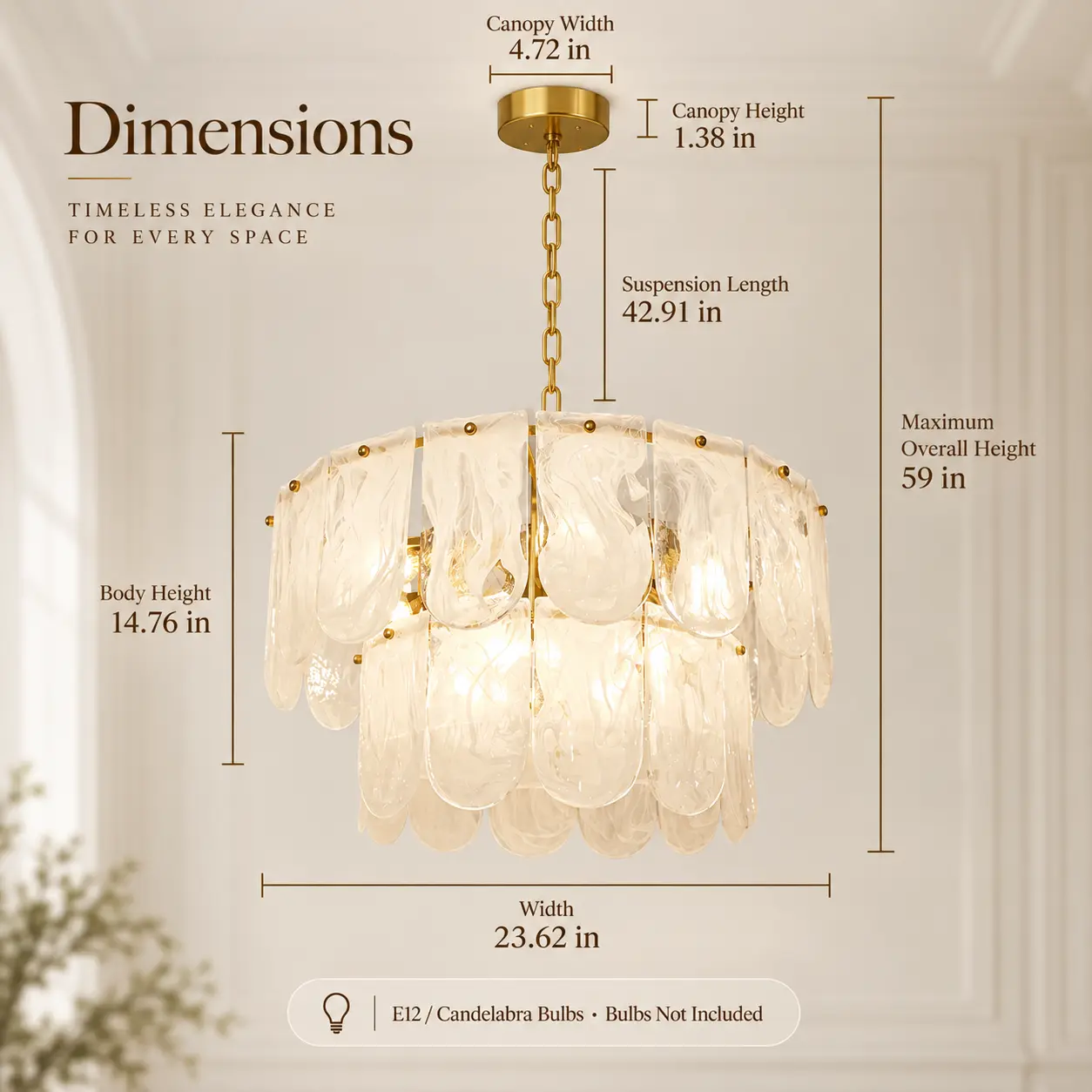 9-Light 2-Tier Water Ripple Cloud Glass Chandelier with Gold Chain: dimensions
