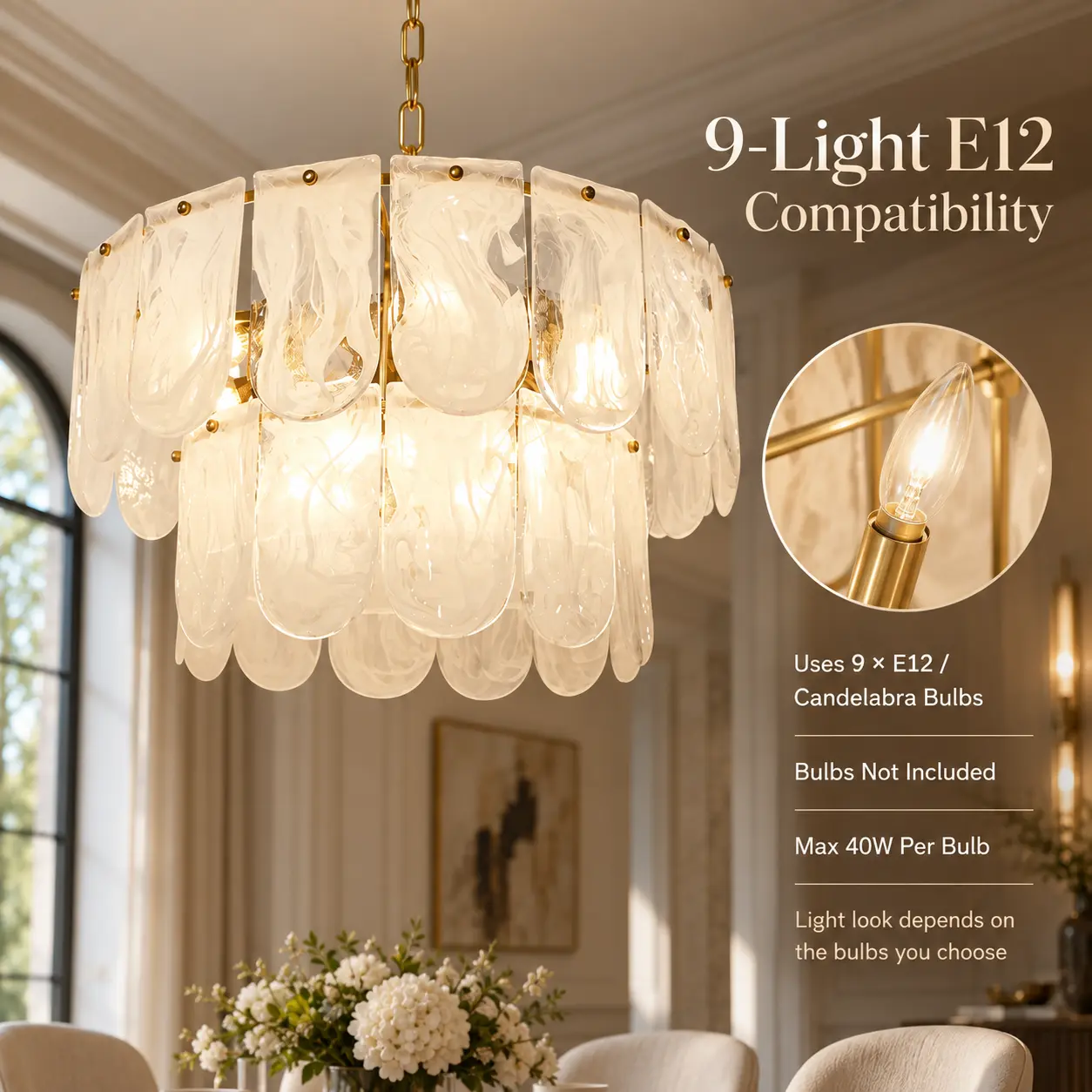 9-Light 2-Tier Water Ripple Cloud Glass Chandelier with Gold Chain: e12 Bulb Compatibility
