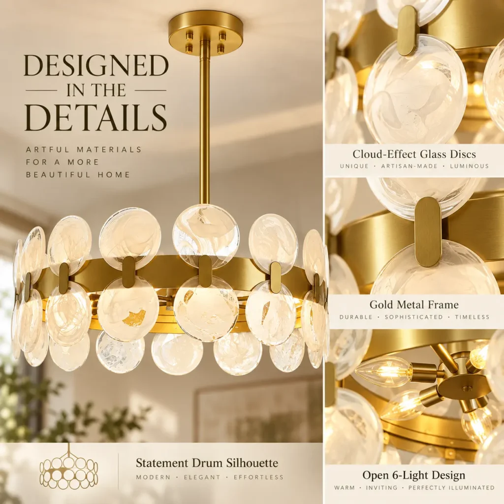 6-Light Cloud Glass Drum Chandelier with Gold Finish: designed Glass and Gold Details