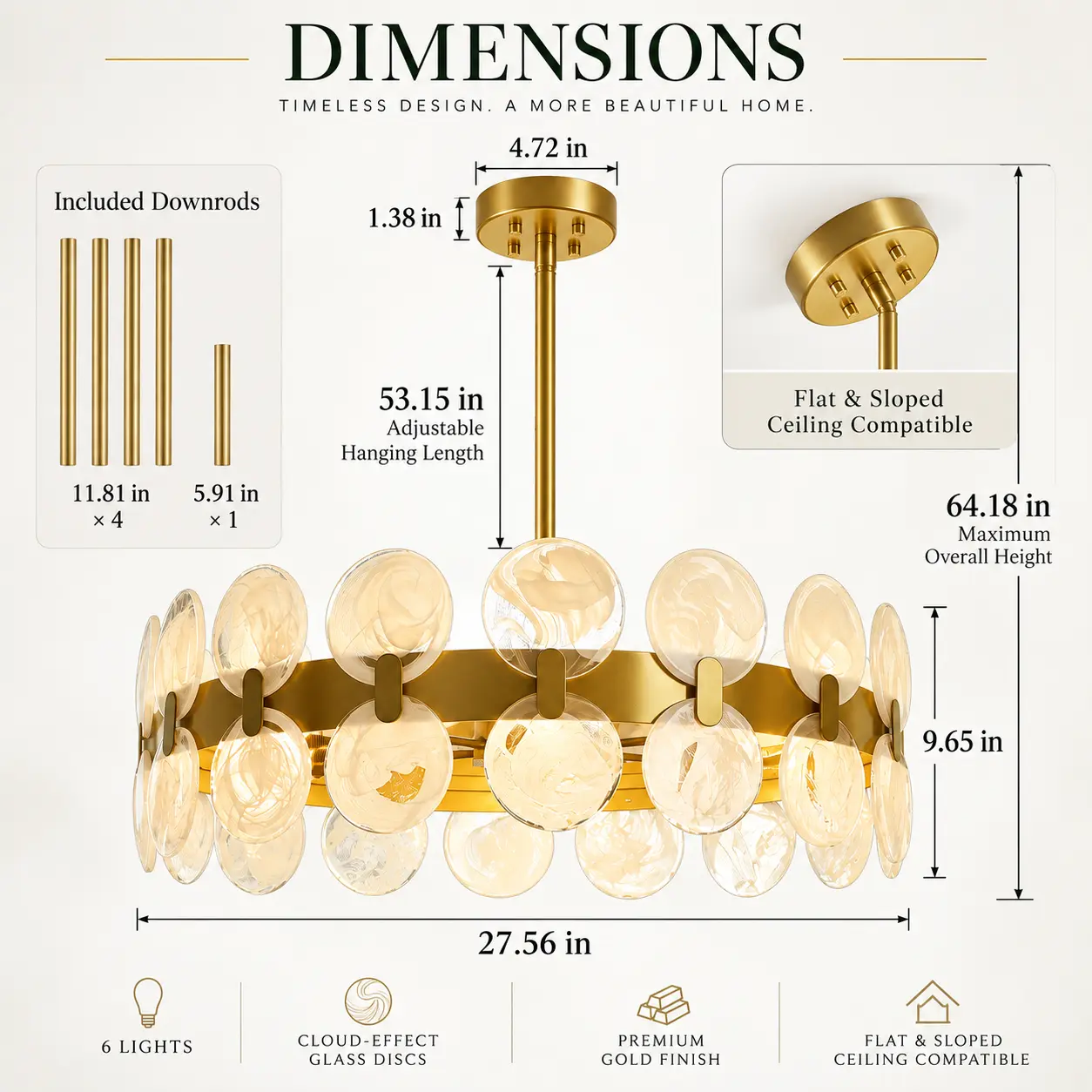 6-Light Cloud Glass Drum Chandelier with Gold Finish: dimensions