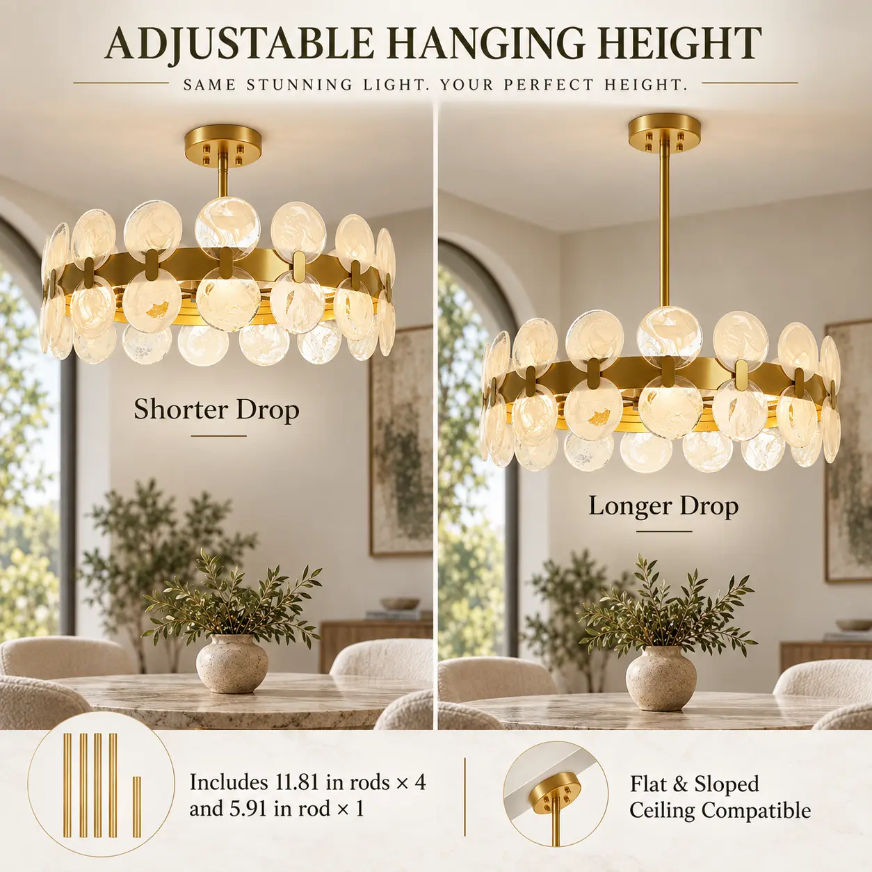 6-Light Cloud Glass Drum Chandelier with Gold Finish: adjustable Hanging Height