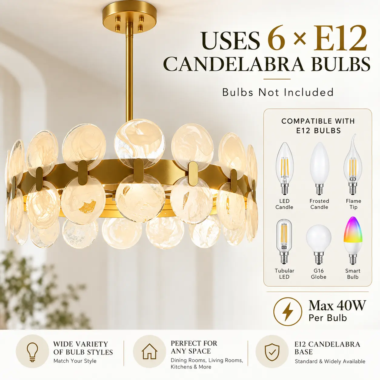 6-Light Cloud Glass Drum Chandelier with Gold Finish: e12 Bulb Compatibility