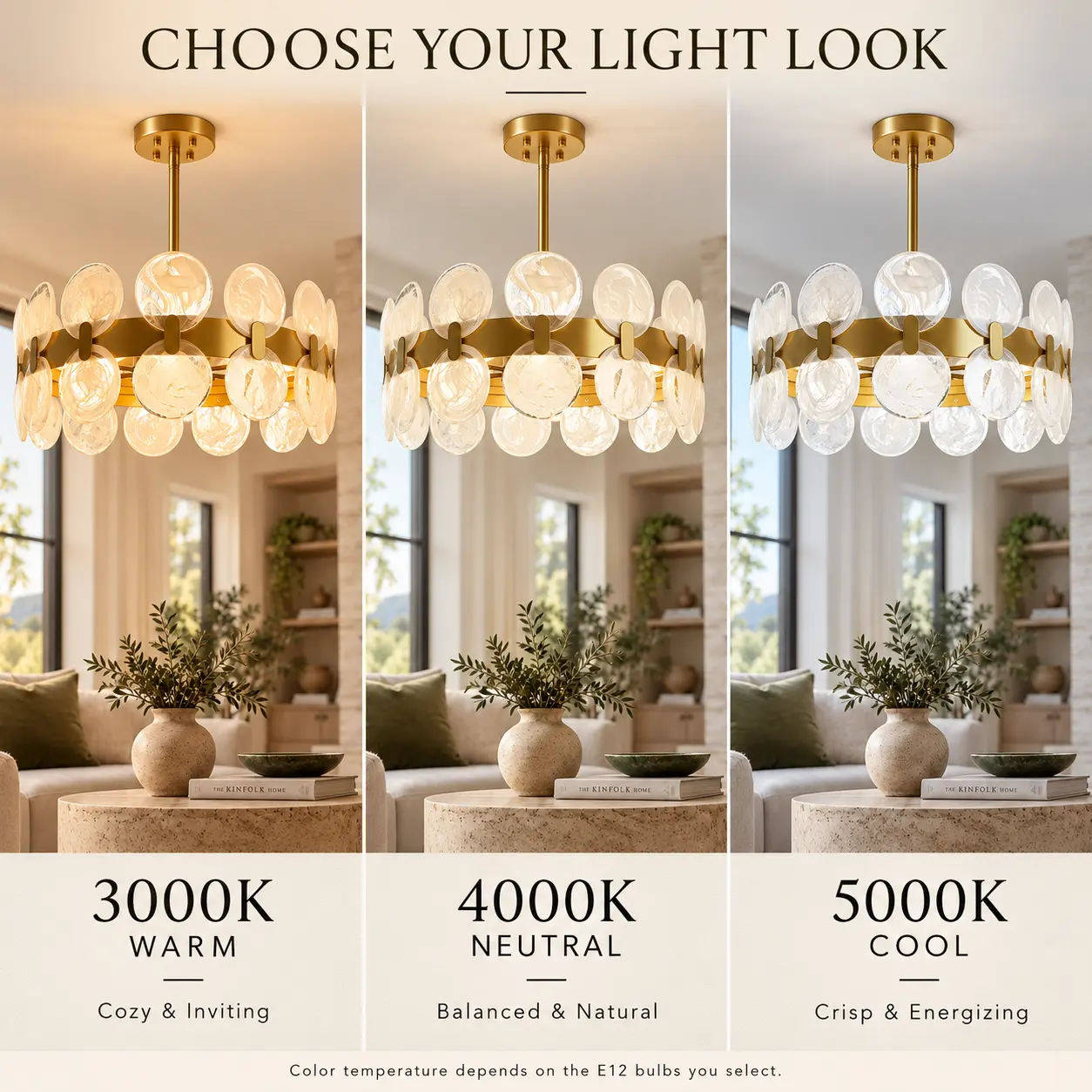 6-Light Cloud Glass Drum Chandelier with Gold Finish: three Light Temperatures