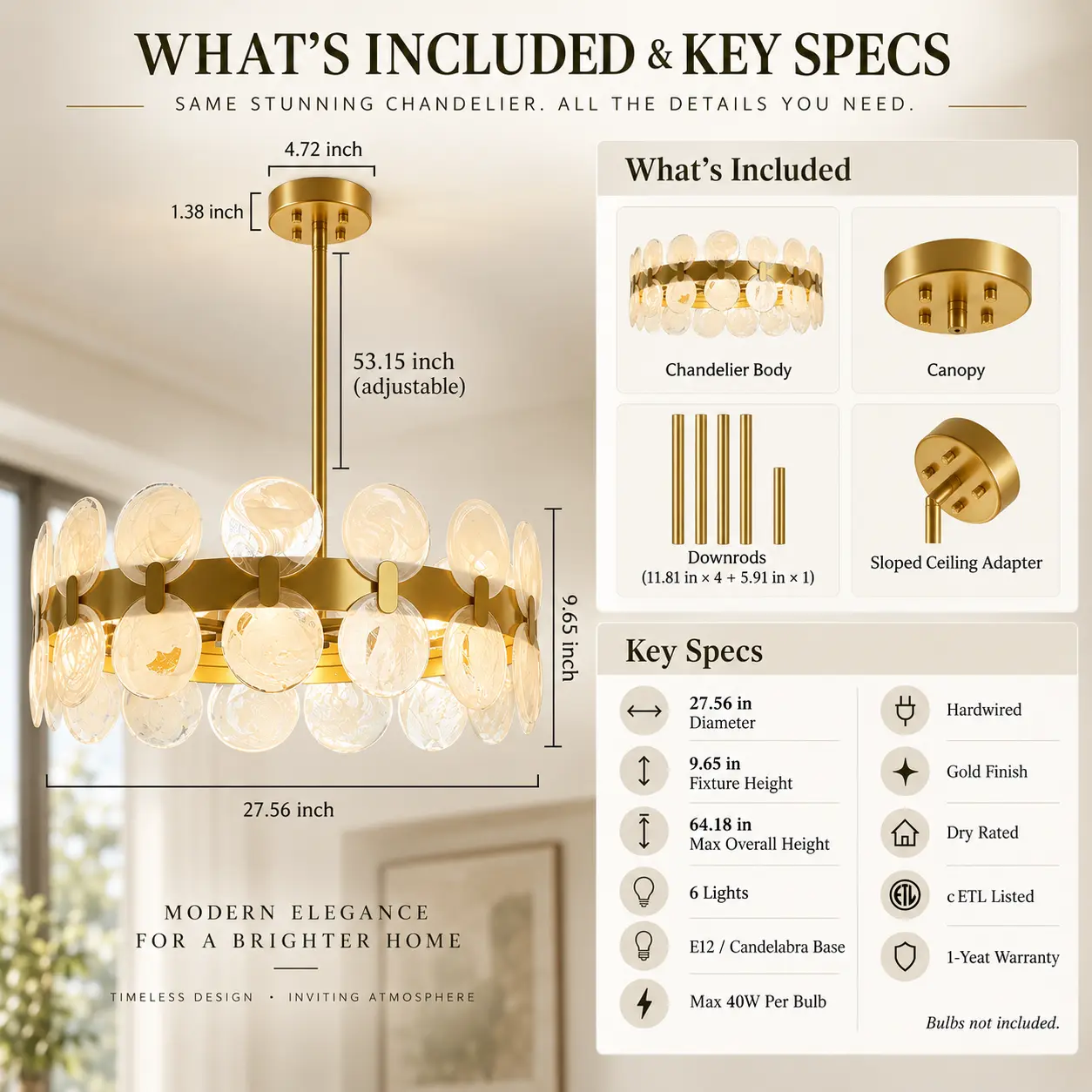 6-Light Cloud Glass Drum Chandelier with Gold Finish: included Items and Specifications