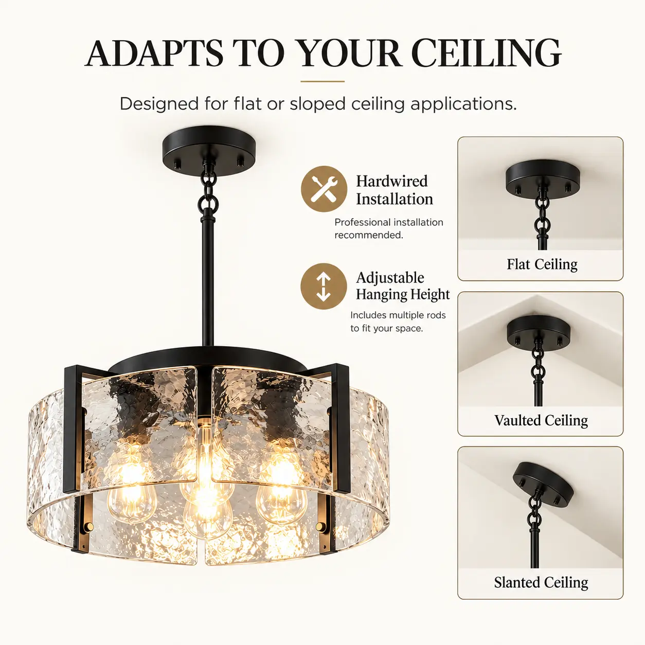 4-Light Drum Chandelier with Textured Water Glass: ceiling Installation Options