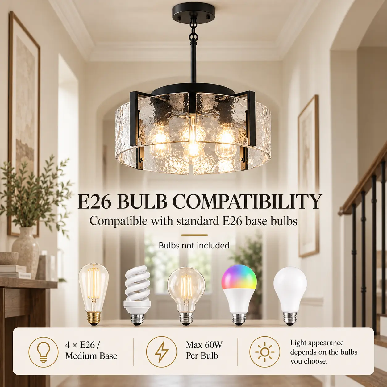 4-Light Drum Chandelier with Textured Water Glass: e26 Bulb Compatibility