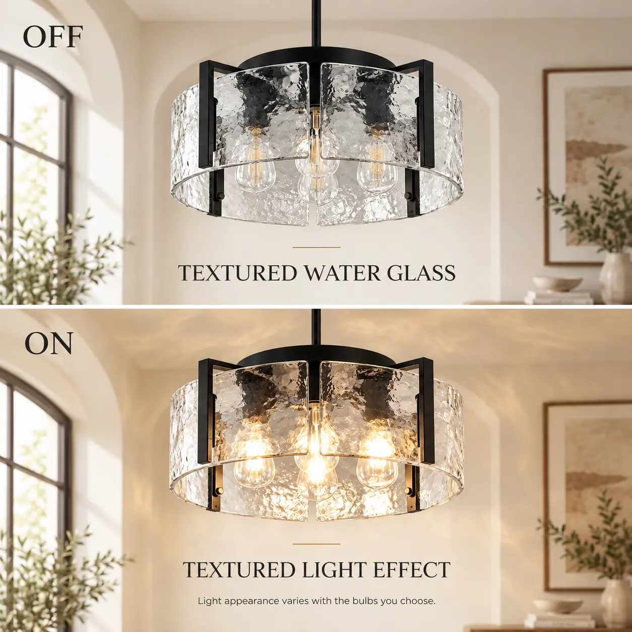 4-Light Drum Chandelier with Textured Water Glass: textured Glass Light Effect