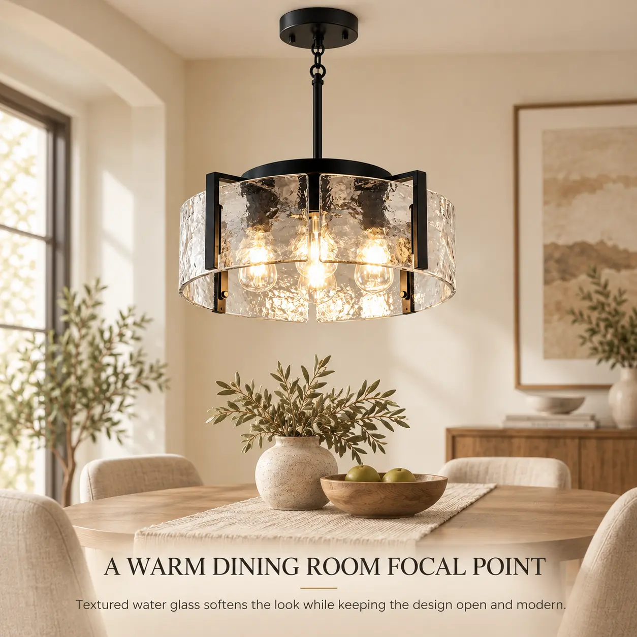 4-Light Drum Chandelier with Textured Water Glass: dining Room Lifestyle View