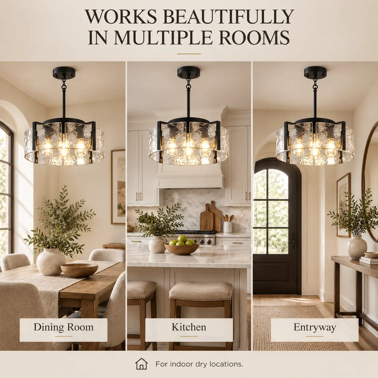 4-Light Drum Chandelier with Textured Water Glass: multi-Room Use