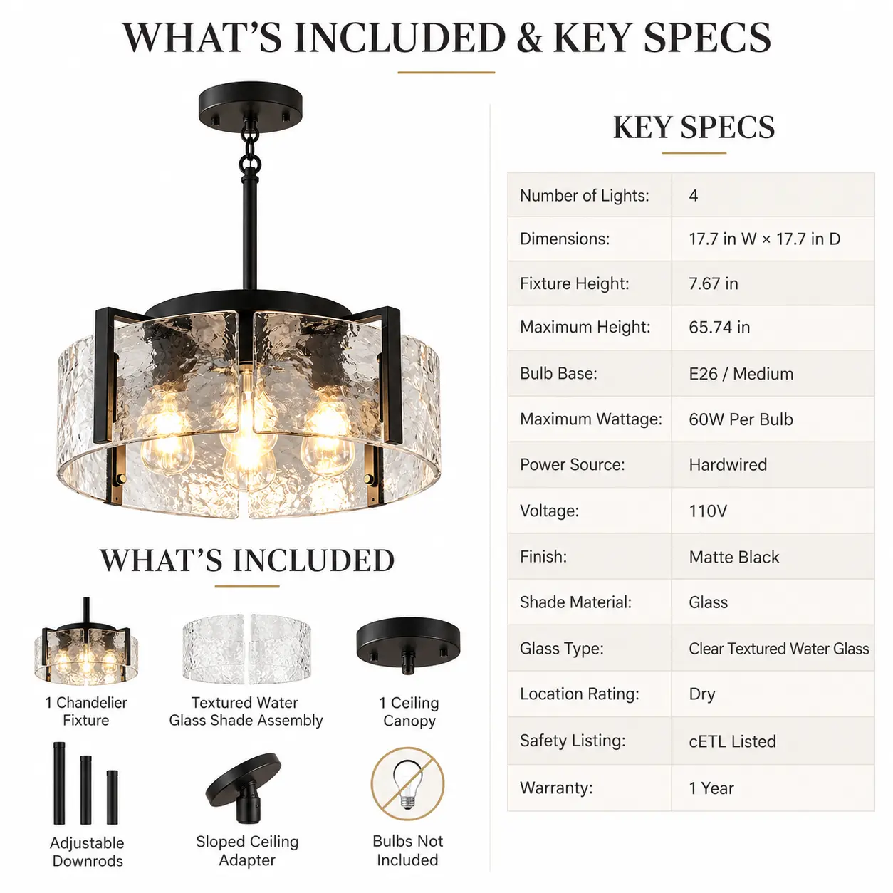 4-Light Drum Chandelier with Textured Water Glass: included Items and Specifications