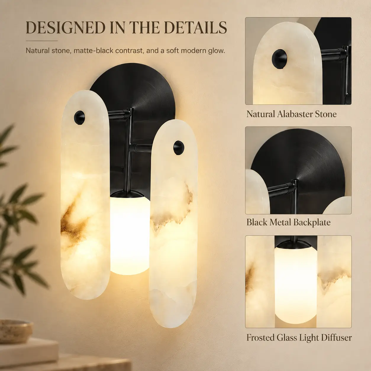Natural Alabaster Wall Sconce with 3 Color Temperatures: natural Stone and Metal Details