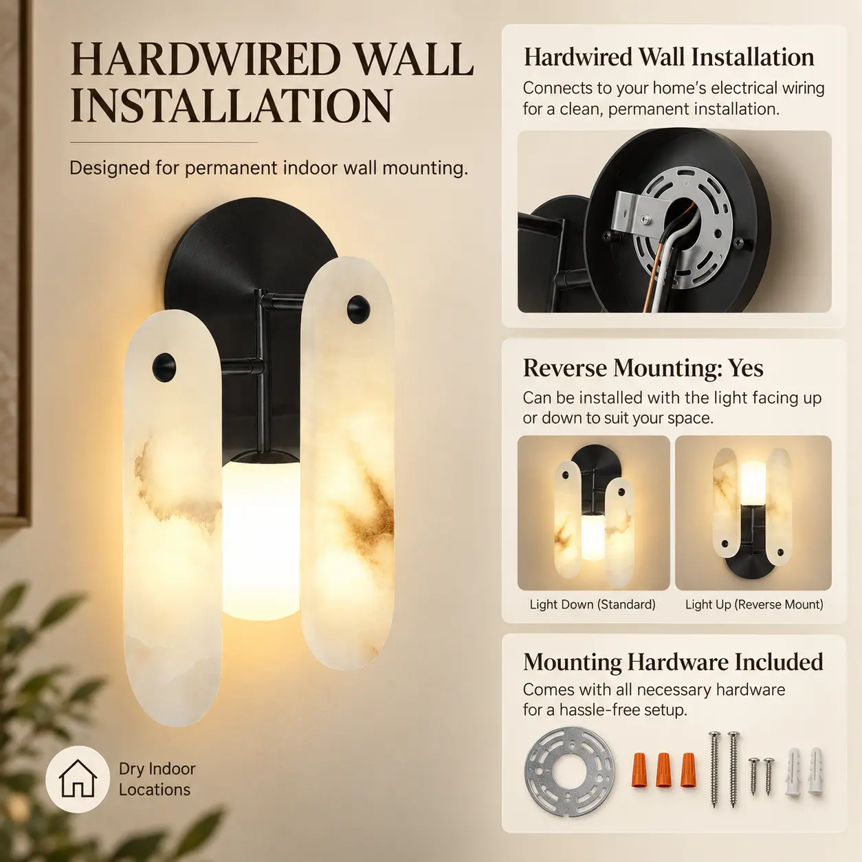Natural Alabaster Wall Sconce with 3 Color Temperatures: hardwired Wall Installation