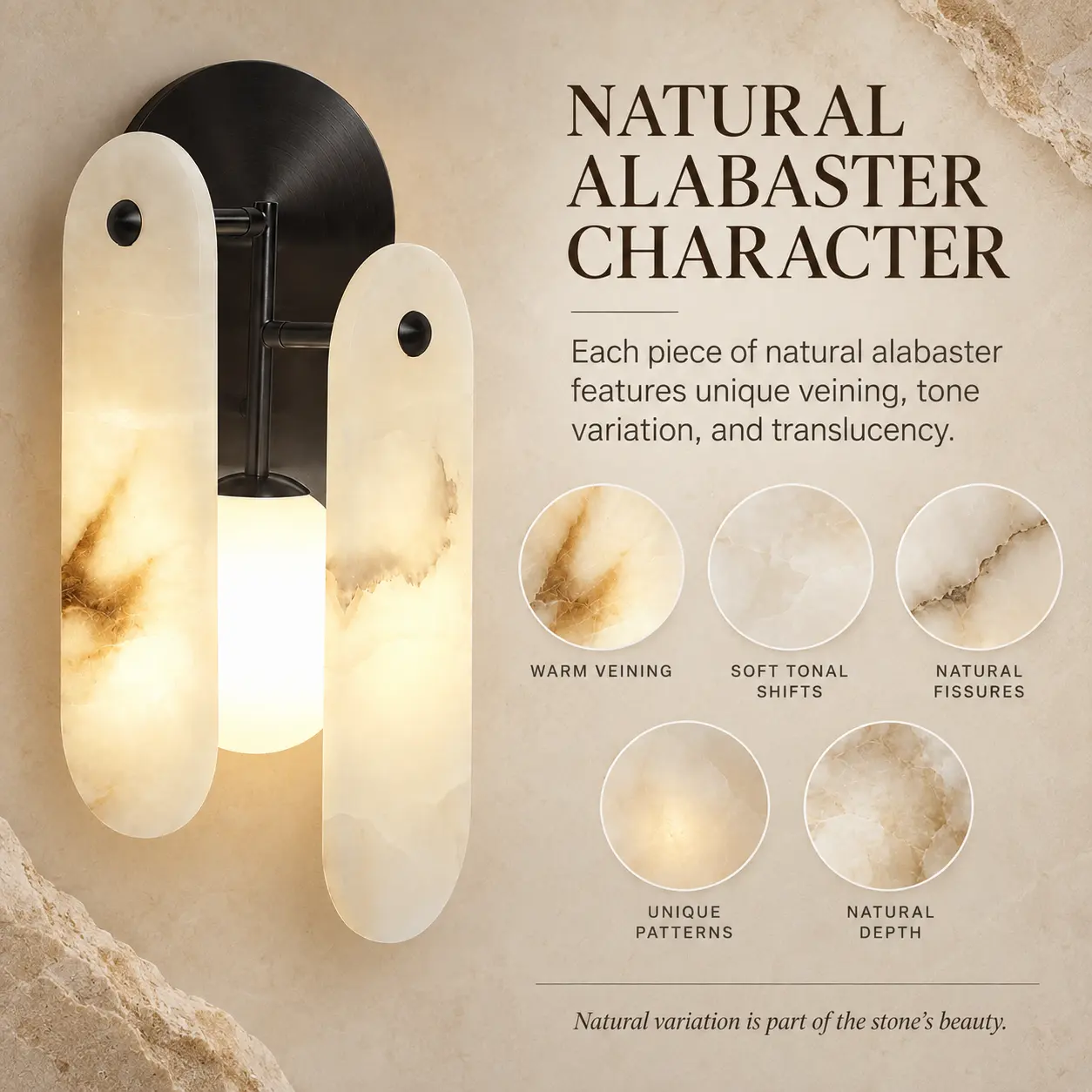 Natural Alabaster Wall Sconce with 3 Color Temperatures: natural Alabaster Character