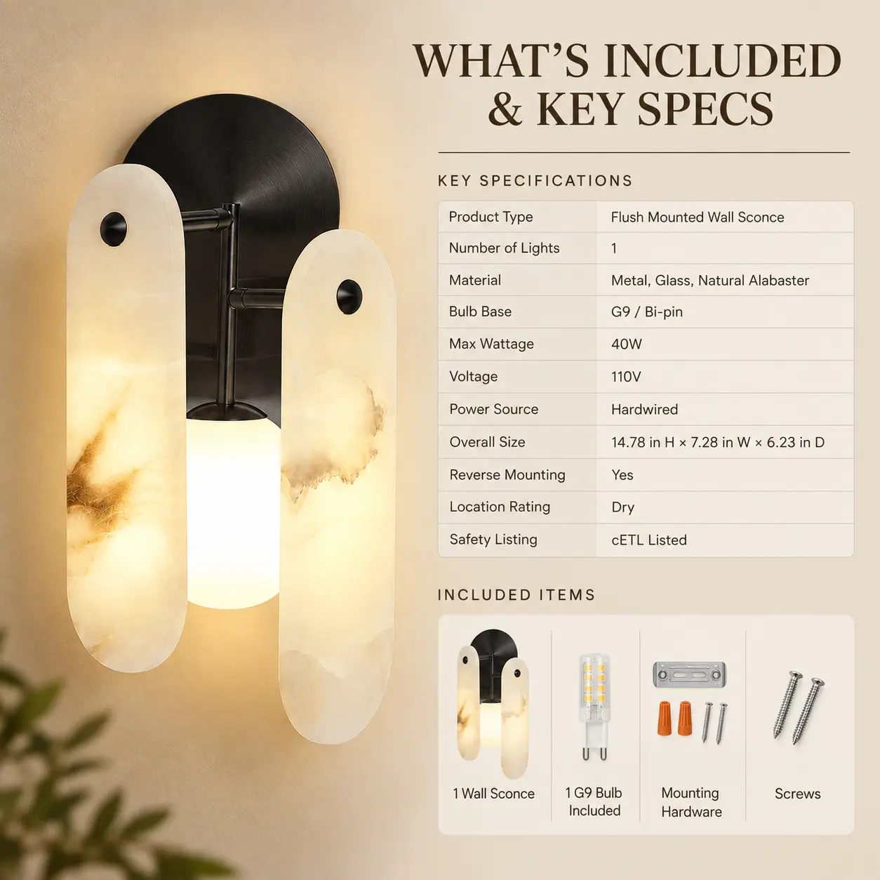Natural Alabaster Wall Sconce with 3 Color Temperatures: included Items and Specifications