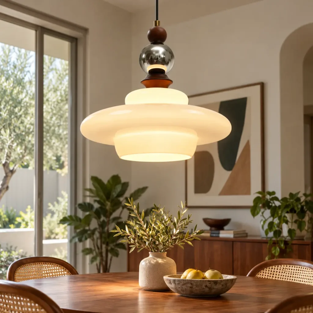 Mid Century Pendant Light with Frosted Glass & Walnut Accents
