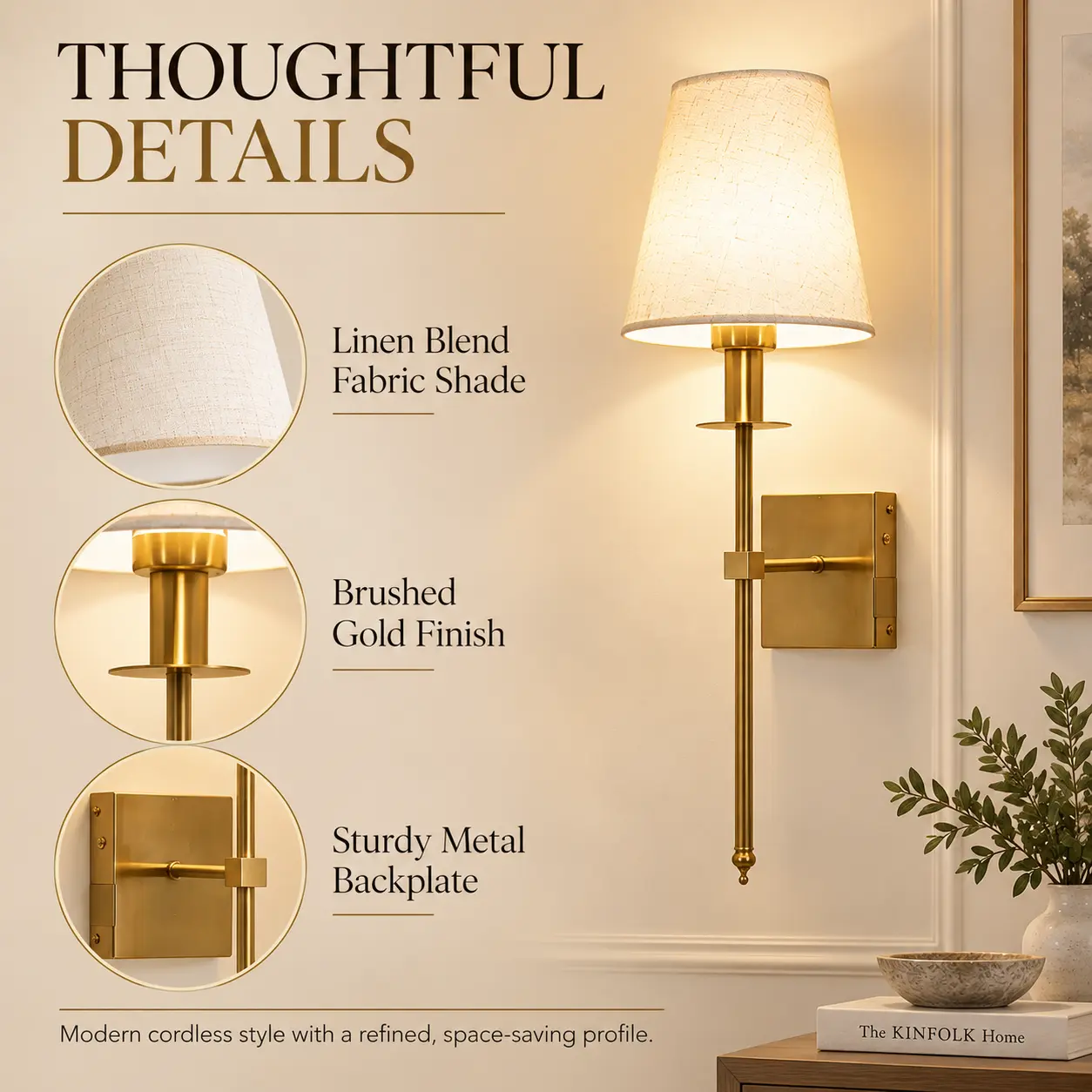 Cordless Wall Sconce Set of 2 – Rechargeable Battery Wall Lights with Remote: linen Shade and Brass Details