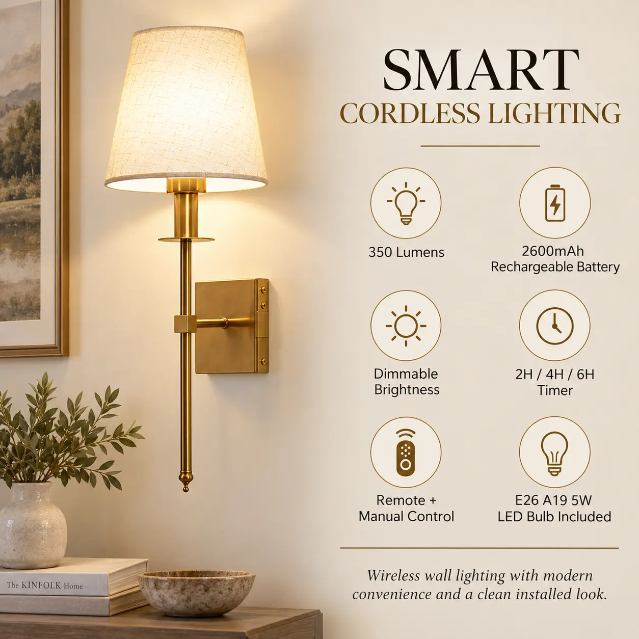 Cordless Wall Sconce Set of 2 – Rechargeable Battery Wall Lights with Remote: smart Cordless Features