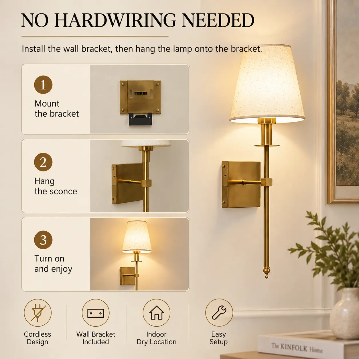 Cordless Wall Sconce Set of 2 – Rechargeable Battery Wall Lights with Remote: no-Hardwiring Installation