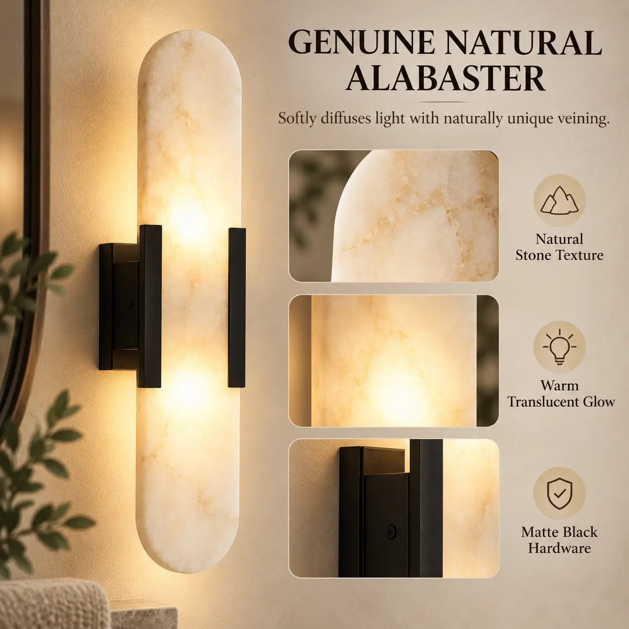Alabaster 2-Light Wall Sconces with G9 Bulbs, Set of 2: natural Alabaster Details