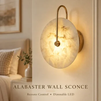 Alabaster Wall Sconce with Remote Control – Dimmable LED Gold Wall Light