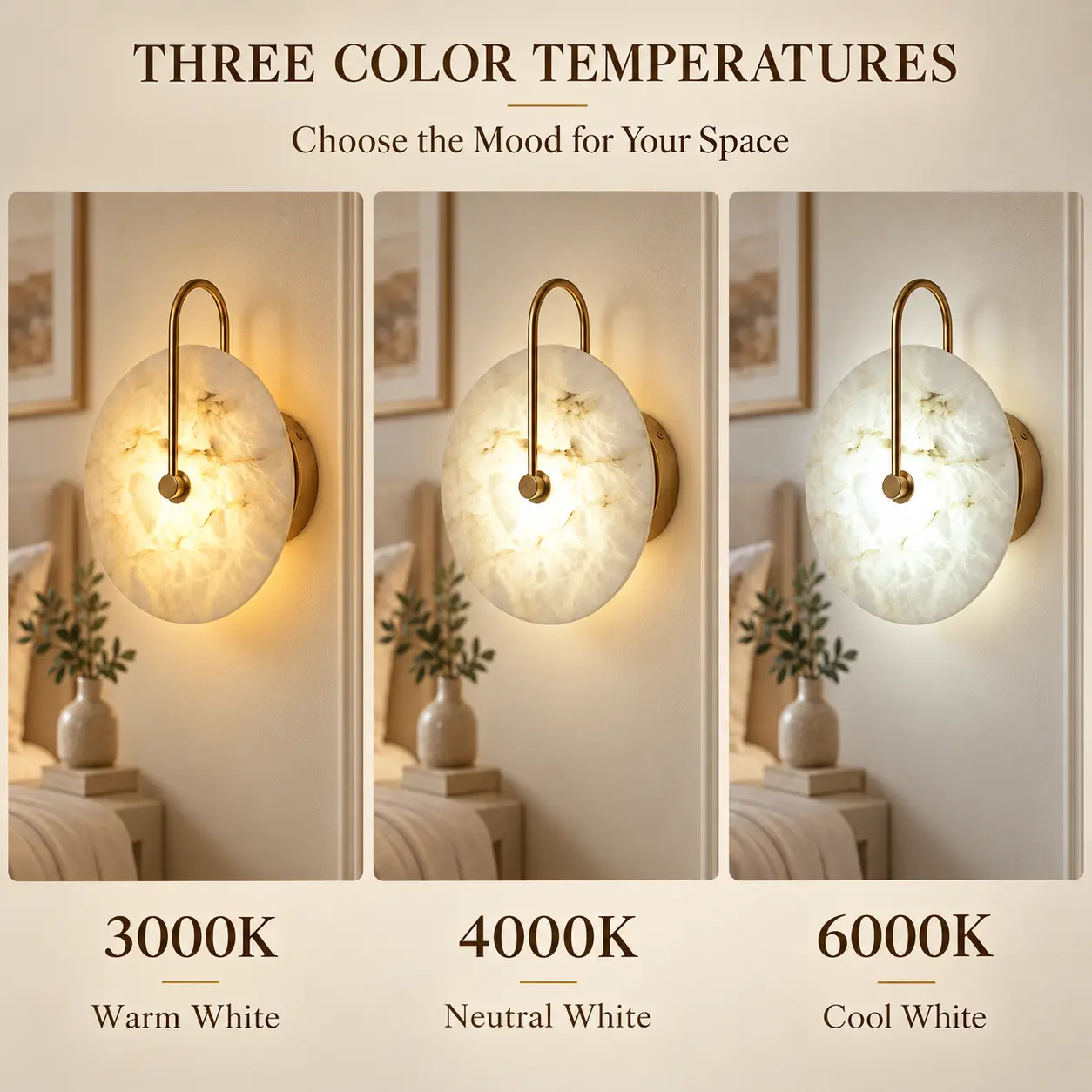 Alabaster Wall Sconce with Remote Control – Dimmable LED Gold Wall Light: three Color Temperatures