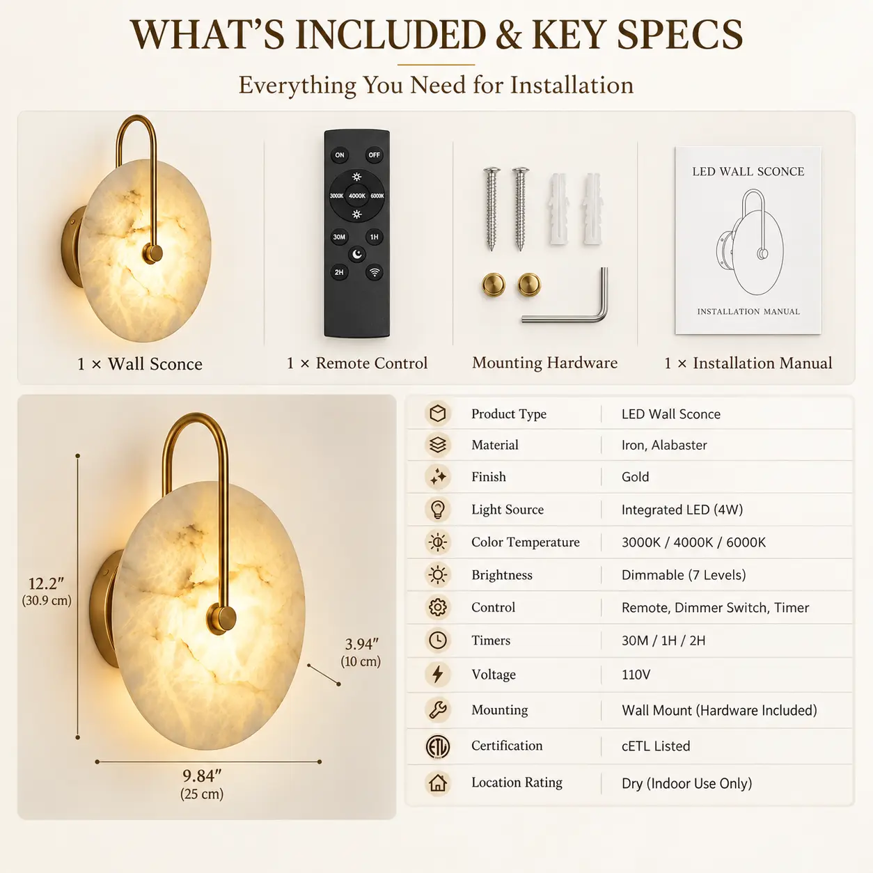 Alabaster Wall Sconce with Remote Control – Dimmable LED Gold Wall Light: included Items and Specifications