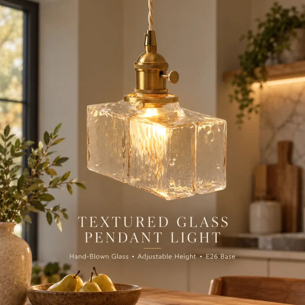 Textured Glass Pendant Light – Hand-Blown Clear Glass with Brass-Tone Hardware