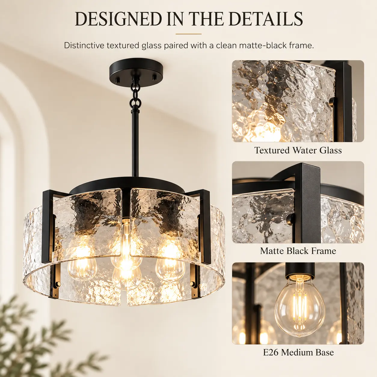 4-Light Drum Chandelier with Textured Water Glass: textured Water Glass Details