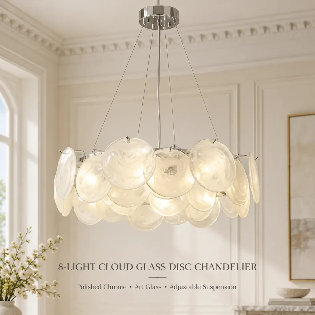 8-Light Cloud Glass Disc Chandelier with Polished Chrome Finish