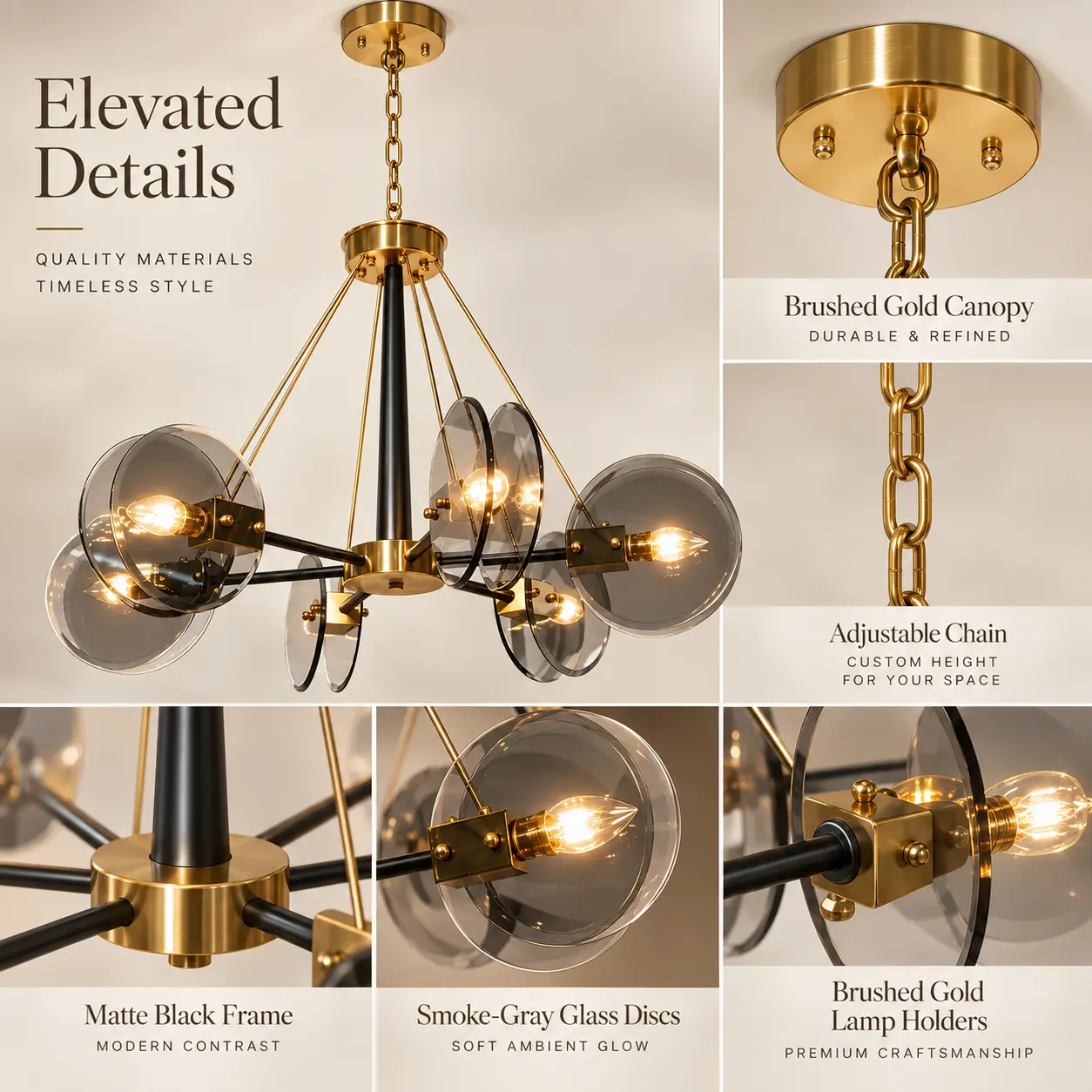 6-Light Smoke-Gray Glass Sputnik Chandelier with Brushed Gold & Matte Black Finish: brushed Gold and Smoke Glass Details