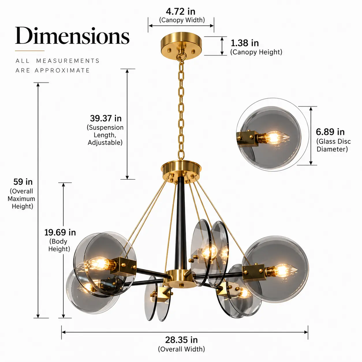 6-Light Smoke-Gray Glass Sputnik Chandelier with Brushed Gold & Matte Black Finish: dimensions