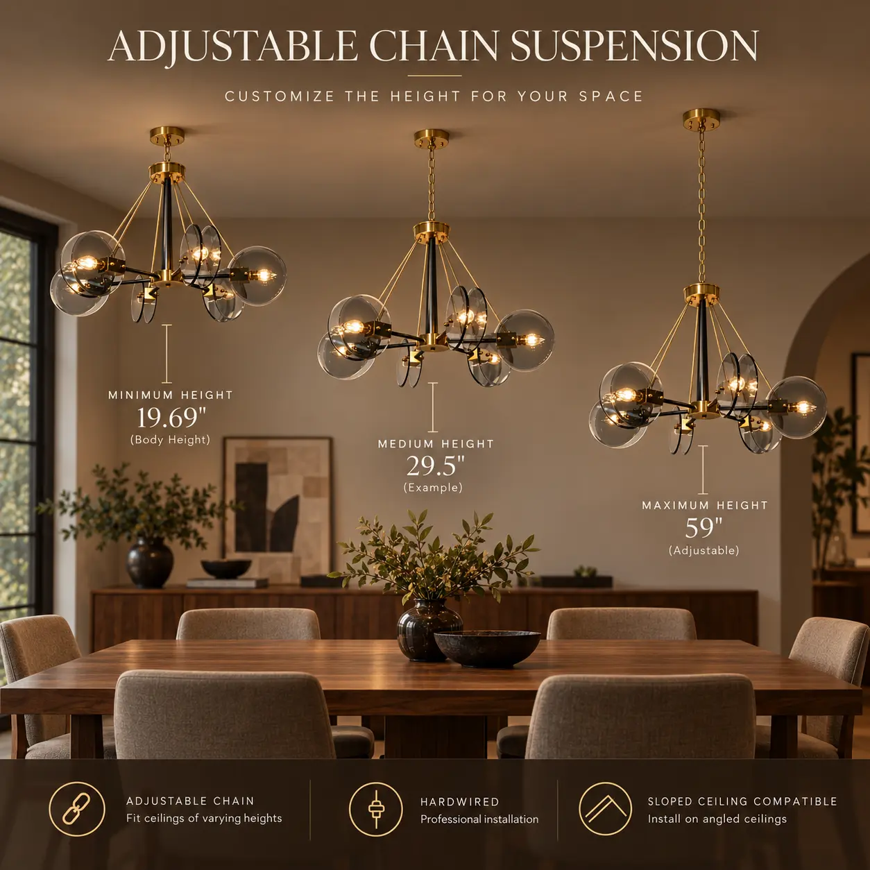 6-Light Smoke-Gray Glass Sputnik Chandelier with Brushed Gold & Matte Black Finish: adjustable Chain Suspension