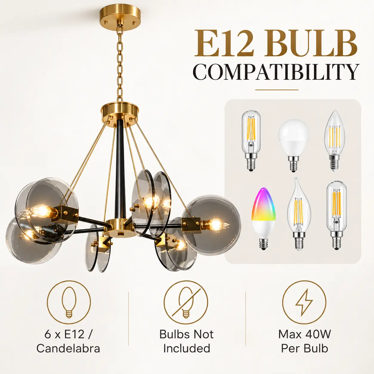 6-Light Smoke-Gray Glass Sputnik Chandelier with Brushed Gold & Matte Black Finish: e12 Bulb Compatibility
