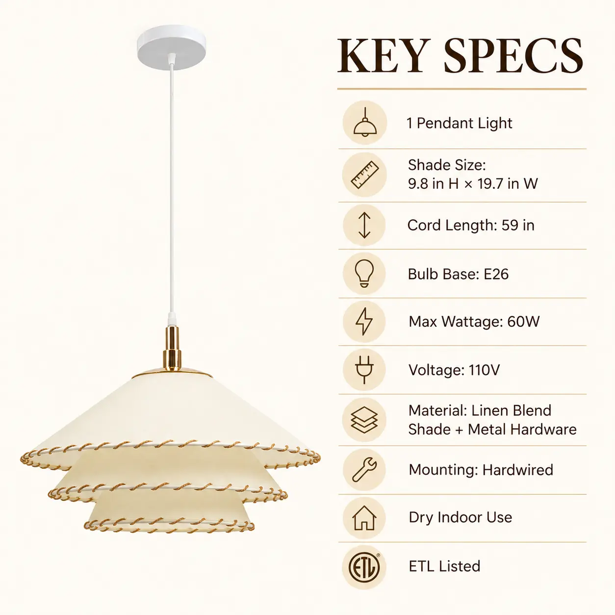 Boho Pendant Light with 3-Tier Linen Shade & Hand-Stitched Rope Trim: key Specifications