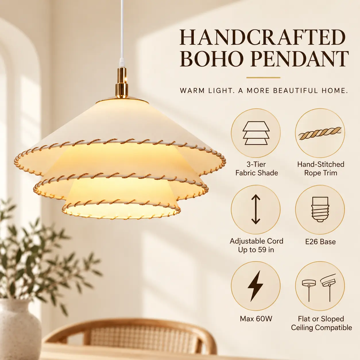 Boho Pendant Light with 3-Tier Linen Shade & Hand-Stitched Rope Trim: handcrafted Three-Tier Design