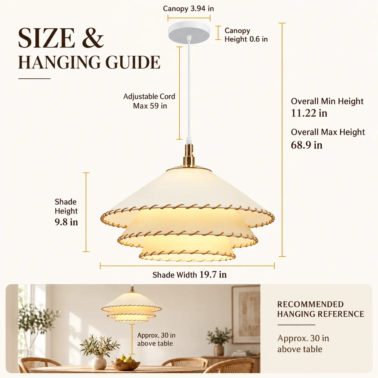 Boho Pendant Light with 3-Tier Linen Shade & Hand-Stitched Rope Trim: dimensions and Hanging Guide