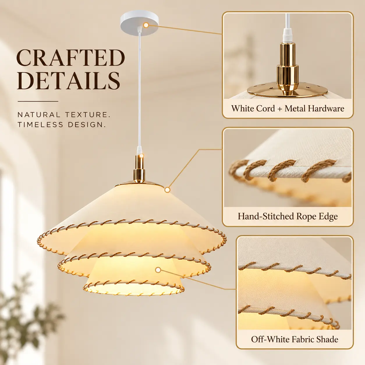 Boho Pendant Light with 3-Tier Linen Shade & Hand-Stitched Rope Trim: scalloped Fabric Details