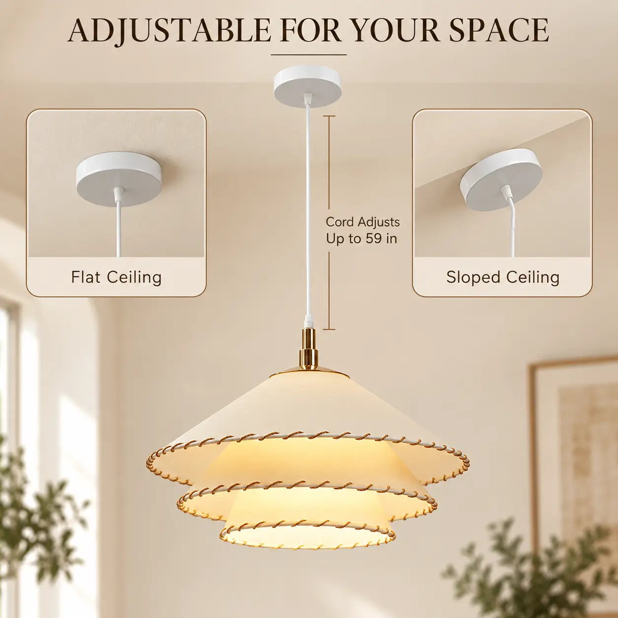 Boho Pendant Light with 3-Tier Linen Shade & Hand-Stitched Rope Trim: flat and Sloped Ceiling Installation