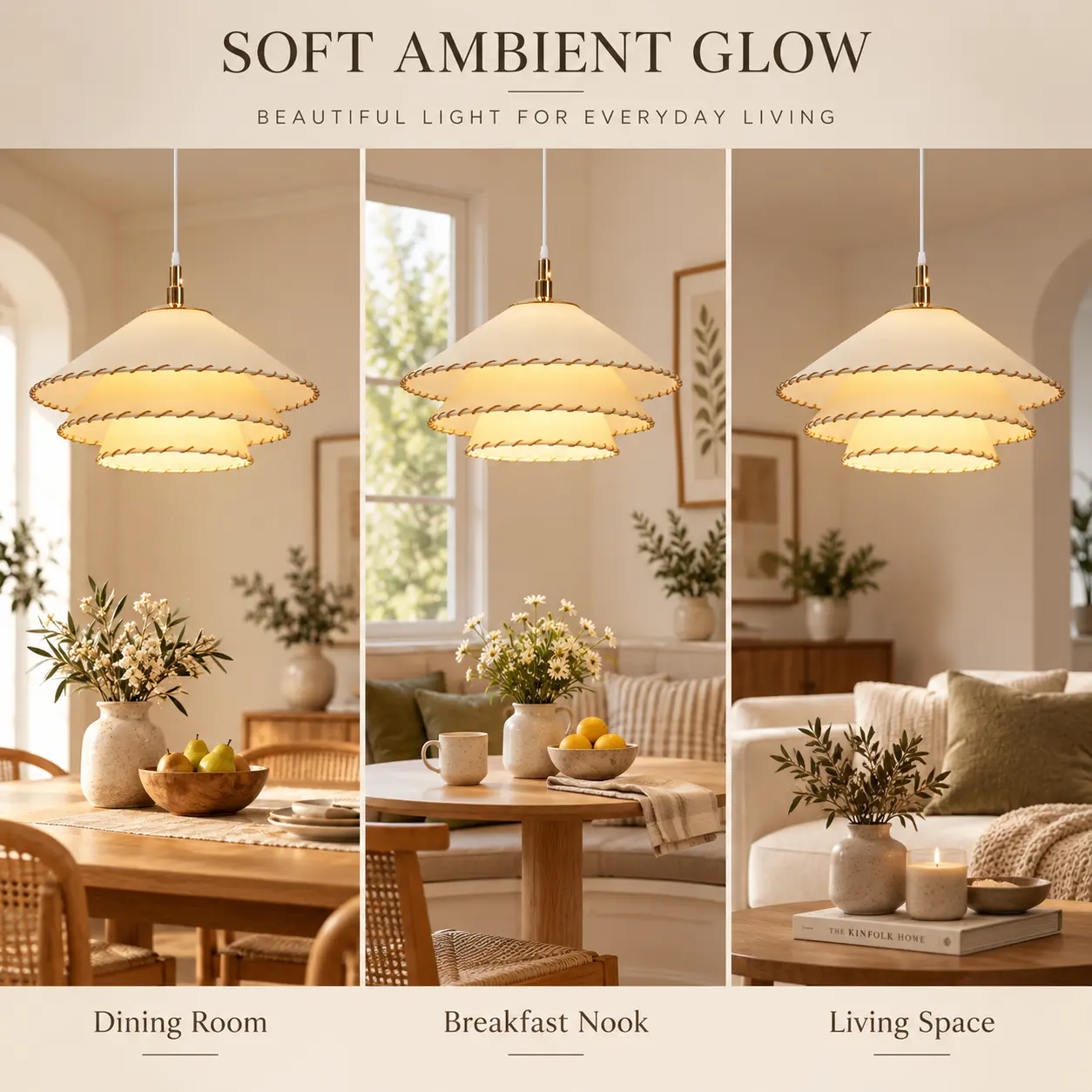 Boho Pendant Light with 3-Tier Linen Shade & Hand-Stitched Rope Trim: ambient Lighting in Multiple Spaces