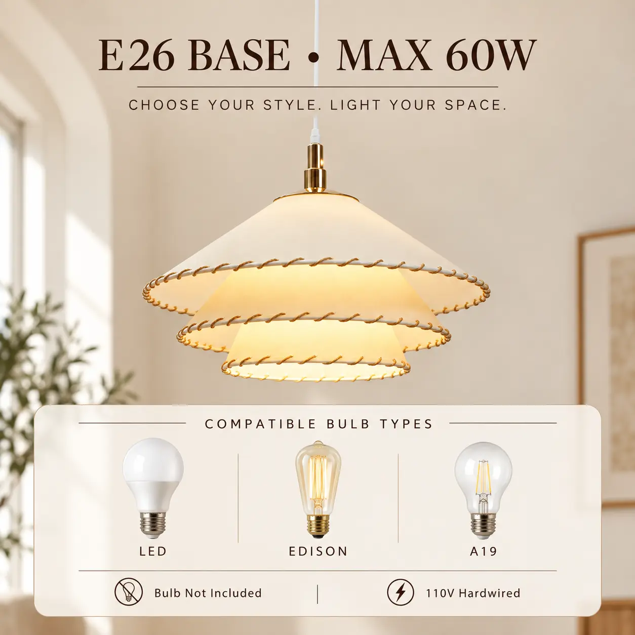 Boho Pendant Light with 3-Tier Linen Shade & Hand-Stitched Rope Trim: e26 Bulb Compatibility