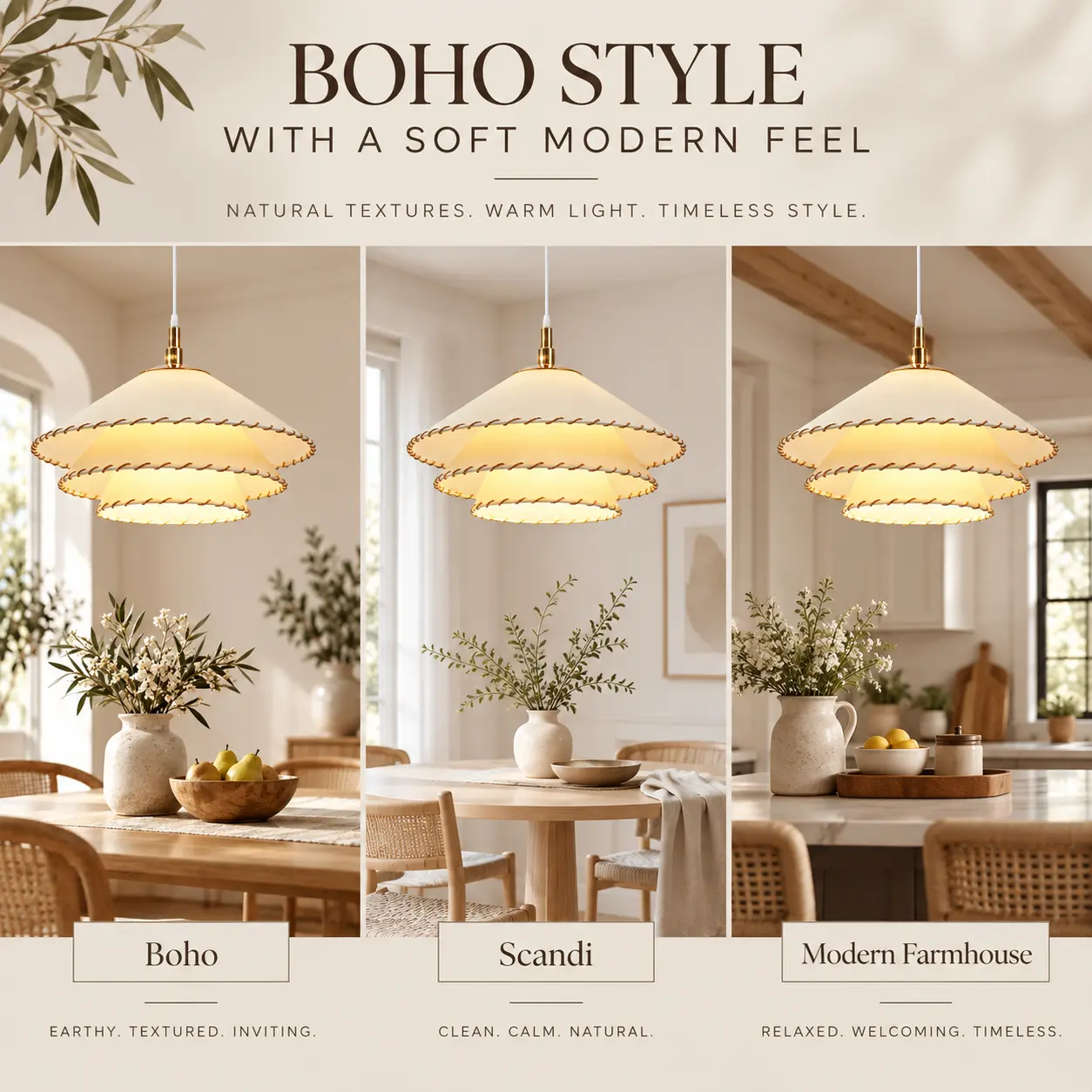 Boho Pendant Light with 3-Tier Linen Shade & Hand-Stitched Rope Trim: boho Style in Three Rooms