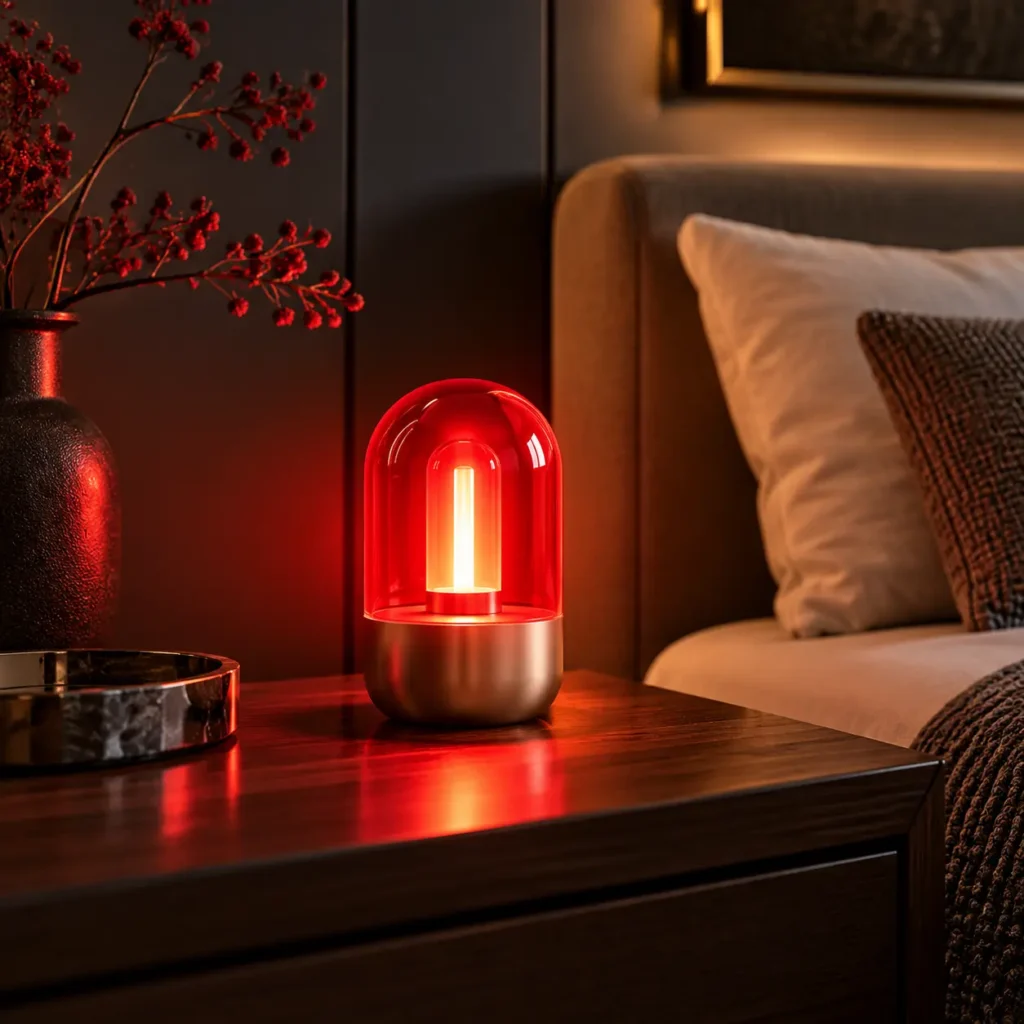 Red accent night light glowing on a bedside table