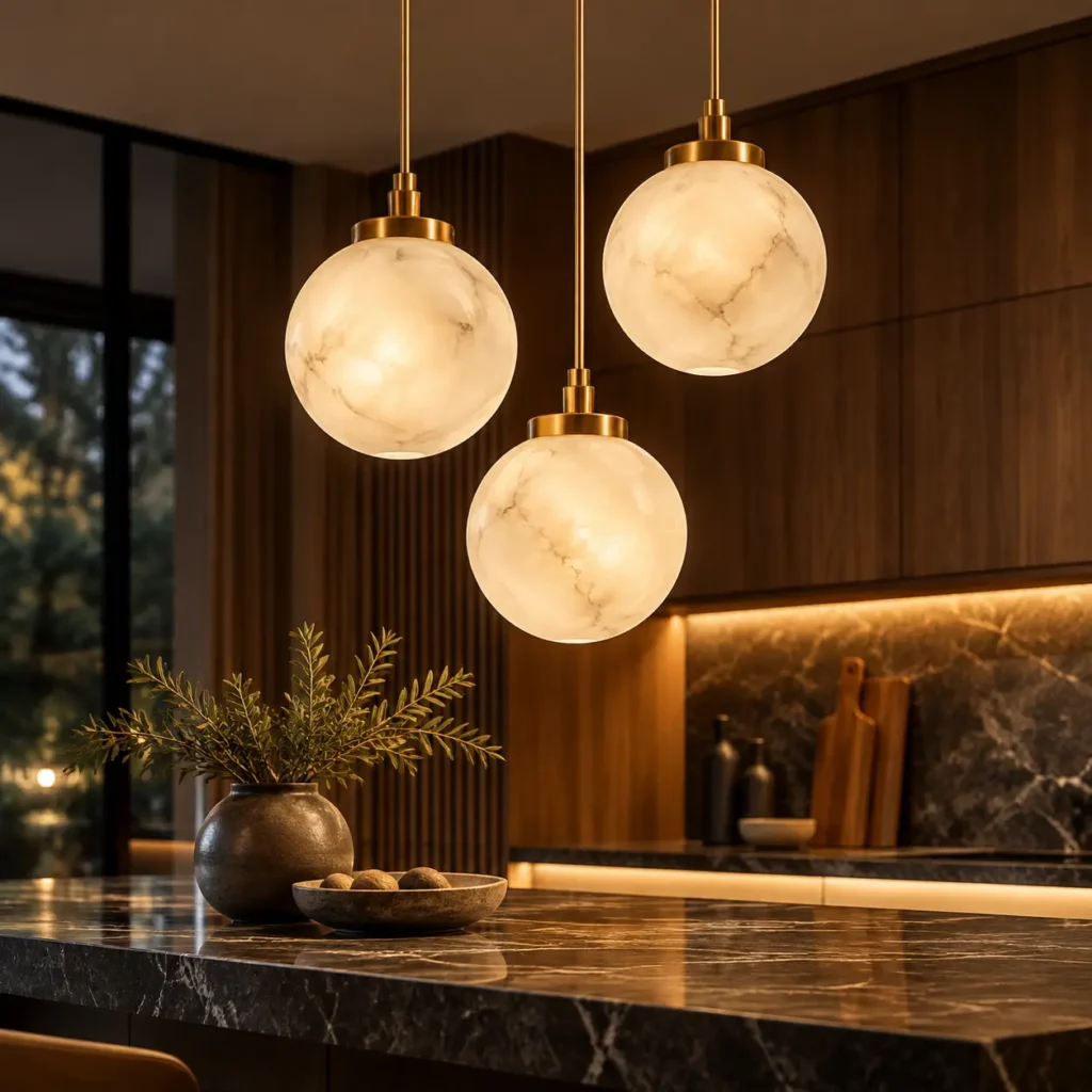 Three warm globe pendant lights above a modern kitchen island