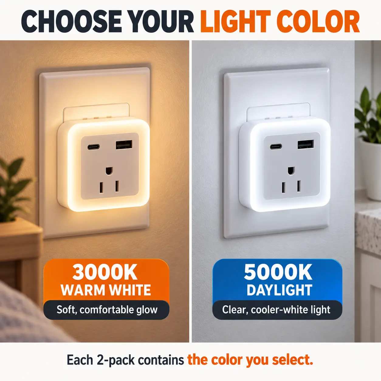 Plug In Night Light with Outlet, USB & Battery Backup – 2 Pack: 3000K and 5000K Color Options